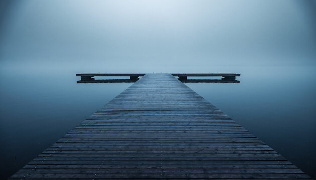 Misty wooden dock extending into calm water with benches at dusk in a serene landscape - Powered by Adobe