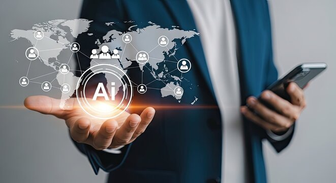 Man in Suit Holding AI World Map Network with Phone Technology in Hand