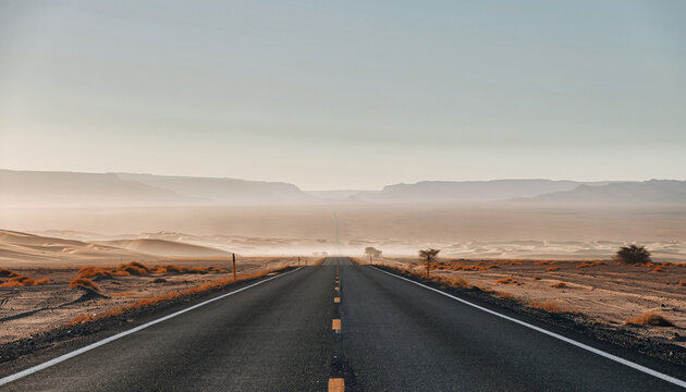 Empty Highway Through Foggy Mountains at Sunrise