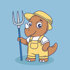 Farmer Dinosaur Cartoon Vector Illustration
