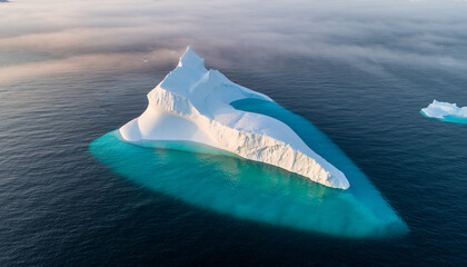 Aerial view of a majestic iceberg floating in the turquoise ocean with a serene and icy atmosphere.