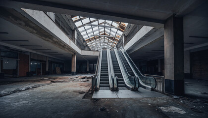 Abandoned shopping mall with a broken escalator under a skylight