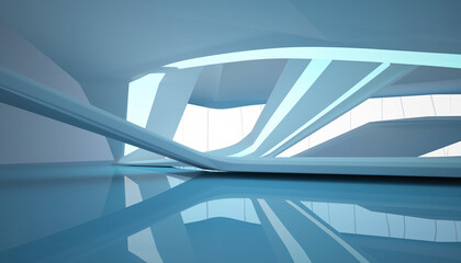 Modern interior design of a futuristic building with curved lines and blue tones