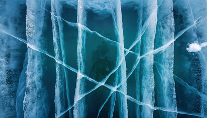 Aerial view of cracked ice with a blue color palette and natural light