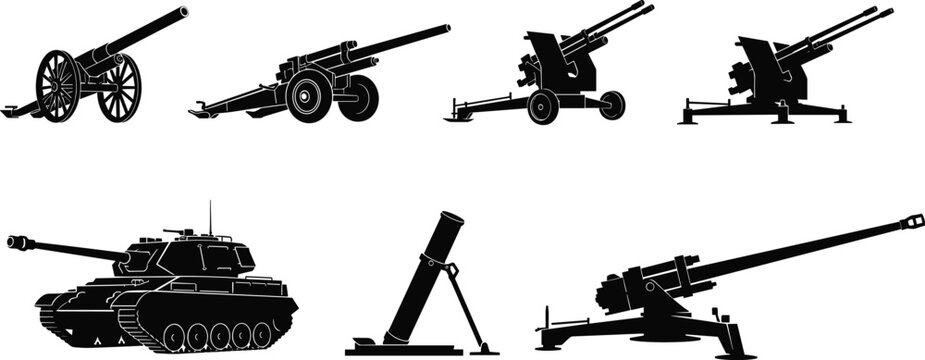 Artillery weapon silhouette set, cannon vector illustration, tank outline drawing, mortar design, military gun collection, black and white graphic, cad drawing flat vector illustration