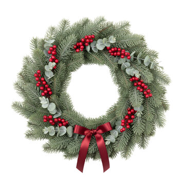 A beautifully handcrafted christmas wreath, adorned with deep green fir branches, eucalyptus leaves, and clusters of red berries, elegantly tied with a burgundy ribbon, isolated on a plain background 