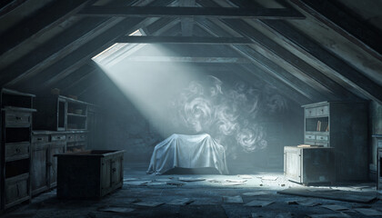 Mysterious attic room with a covered object under a beam of light