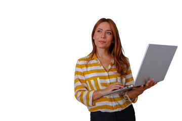 Elegant businesswoman holding laptop, thinking, planning big ideas for innovation and future success with technology © Komora