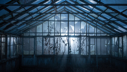 Interior of an empty greenhouse with a metal frame and glass panels at dusk