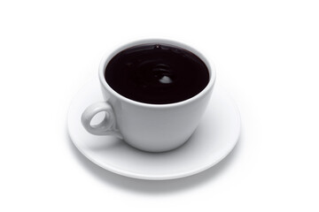 Spanish churros with hot thick chocolate in a white cup isolated on white background