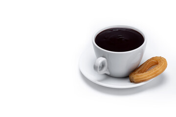 Spanish churros with hot thick chocolate in a white cup isolated on white background. Copy space