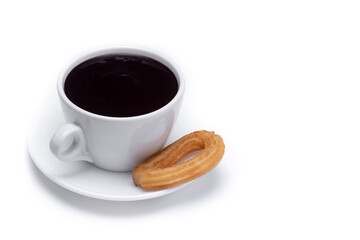 Spanish churros with hot thick chocolate in a white cup isolated on white background. Copy space