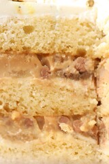 Piece of delicious cake with caramel and nuts as background, closeup