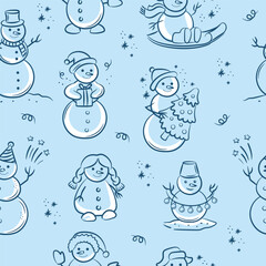 Seamless pattern with cute hand-drawn doodle snowman on light blue background. Christmas wrapping paper background.
