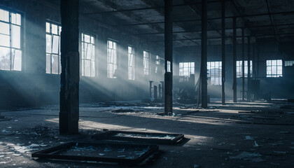 Abandoned industrial warehouse interior with beams and windows