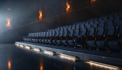 Empty movie theater with rows of seats in dark ambiance and orange lighting