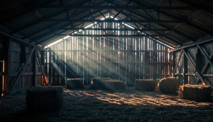 Rustic barn interior with hay bales and sunbeams streaming through wooden slats