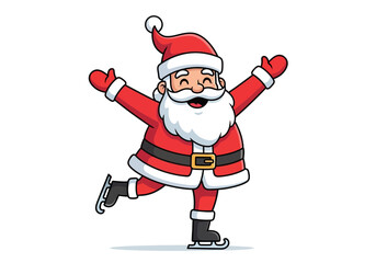 Cartoon illustration of Santa Claus ice skating with arms outstretched on a white background with festive red and white attire.