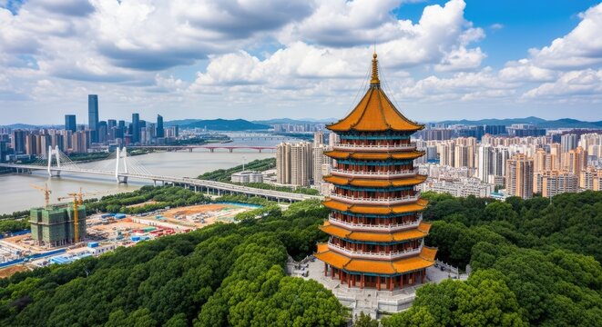 Nanjing Cityscape Yanziji Park's Pagoda Overlooking Yangtze River Urban Skyline