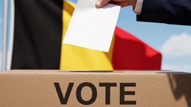 Belgian citizen casting ballot in election, exercising democracy, Belgium flag waving, participating in democratic process, voting