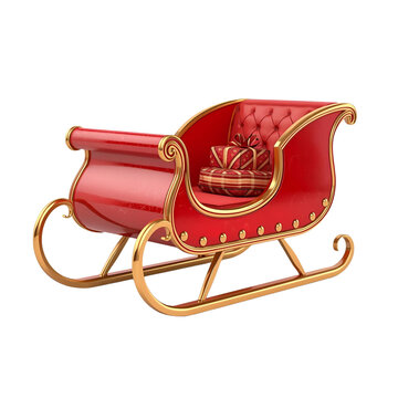 A detailed 3d render of santa's classic red sleigh with golden trim, carrying a single festive gift wrapped in red paper and a golden ribbon, isolated on a plain background, symbolizing christmas.