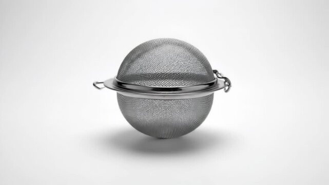 A detailed, studio shot of a spherical metal mesh tea infuser. The infuser has hinges and two small loops for its handles, designed for steeping loose tea leaves.