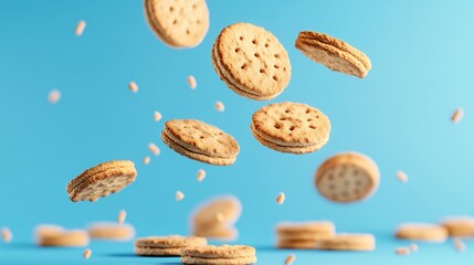 Cascading Biscuits on Blue Surface