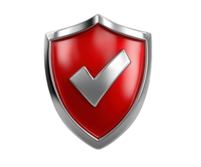A red shield with a silver checkmark inside, symbolizing security, protection, and approval, isolated on a transparent background