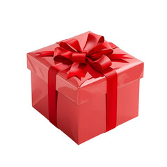 Obraz premium A single, isolated, glossy red gift box tied with a satin ribbon and a large decorative bow, symbolizing celebration and surprise, presented on a plain background for versatile use.