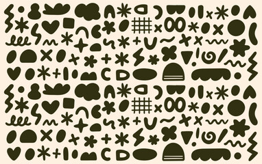 Seamless Abstract Doodle Pattern with Hand Drawn Shapes in Minimal Black on Beige Background