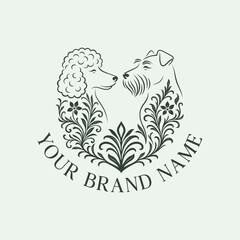 Vintage dog logo design with elegant floral ornament, classic line art illustration for pet grooming brand identity