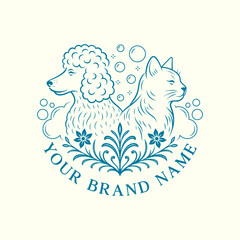 Pet salon logo design with cat and dog line art, elegant grooming illustration for brand identity and packaging
