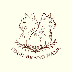 Vintage twin cat logo design with elegant floral decoration, minimalist line art for pet brand and identity