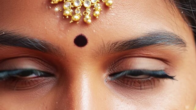 Close up beautiful expressive brown eyes of Indian woman adorned with traditional bindi and golden jewelry, detailed facial features, ethnic beauty portrait focusing on eyelashes skin texture emotiona