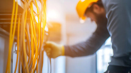 A technician works on a server, meticulously arranging yellow electrical cables, in a server room. He wears protective gear: a hard hat and gloves, ensuring safety.