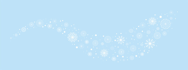 Blue background with white snowflakes. Swirl of snowflakes and snow grains. Snowy wave. Winter template, vector graphic