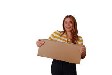 Woman smiling, holding a rectangular cardboard mailing box, delivering a package, isolated with transparent background