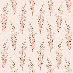 Soft pink flowers and delicate green leaves create a beautiful floral pattern on light background