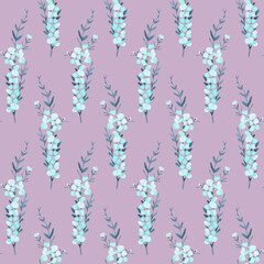 Floral seamless pattern featuring delicate blue flowers on a soft purple background