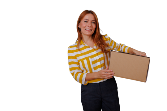 Woman holding a carton package, smiling and presenting new delivery or shipping service. Transparent background for easy cutout