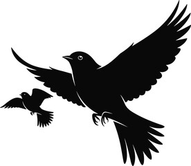 Obraz premium Silhouette of two birds flying in sky, wings spread, wildlife nature freedom, animal migration concept, cad drawing flat vector illustration