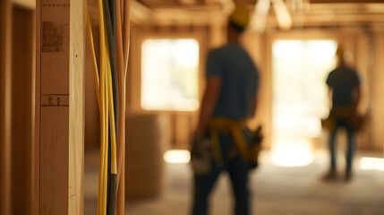 Interior view of a wood-framed building under construction featuring wiring and two workers. The image conveys progress, renovation, and skilled work in a bright environment.