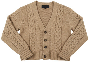 Isolated cable knit cardigan sweater with brown buttons clothing apparel fashion item