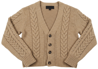 Isolated cable knit cardigan sweater with brown buttons clothing apparel fashion item