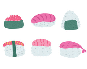 Cute Hand Drawn Sushi Set Vector Illustration