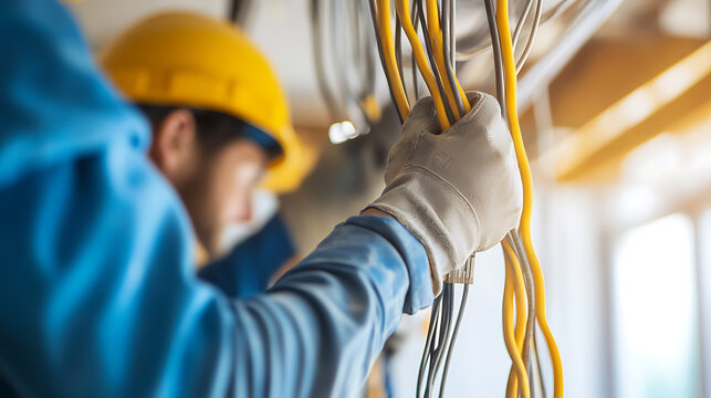 An electrician working on wiring, holding electrical cables in protective gloves and a hard hat for safety on a construction site, ensuring secure electrical installations.