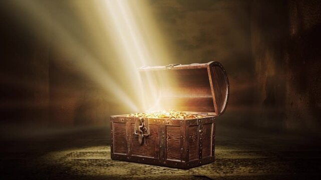 Ancient wooden treasure chest opening with magical golden light rays shining outward revealing sparkling gold coins fantasy mystery adventure wealth discovery concept cinematic magical illumination st