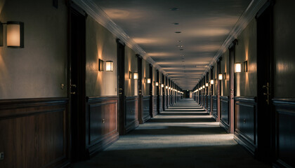 Long, dimly lit hotel corridor with brown doors and wall sconces