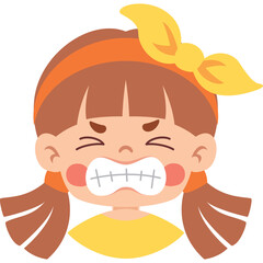 Close up of a cartoon girl with brown pigtails and an orange headband expressing anger with gritted teeth and squinted eyes in a yellow shirt on a transparent background