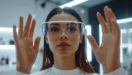 Futuristic Fashion Woman with Augmented Reality Glasses Interacting with Holographic Interface